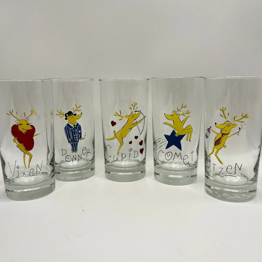 Pottery Barn Reindeer Highball Glasses Set of 5 Discontinued Christmas Barware
